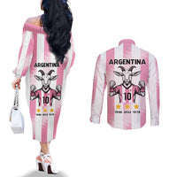 Pink Argentina 10 Goat Couples Matching Off The Shoulder Long Sleeve Dress and Long Sleeve Button Shirt History Champions World Cup