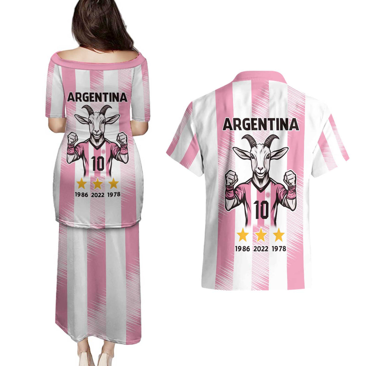 Pink Argentina 10 Goat Couples Matching Puletasi and Hawaiian Shirt History Champions World Cup