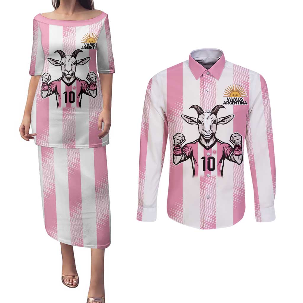 Pink Argentina 10 Goat Couples Matching Puletasi and Long Sleeve Button Shirt History Champions World Cup