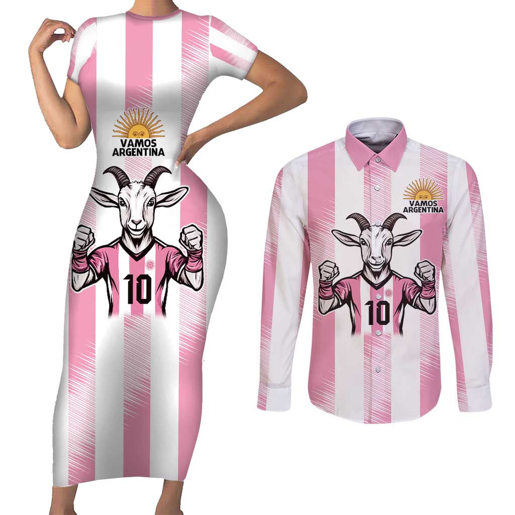 Pink Argentina 10 Goat Couples Matching Short Sleeve Bodycon Dress and Long Sleeve Button Shirt History Champions World Cup