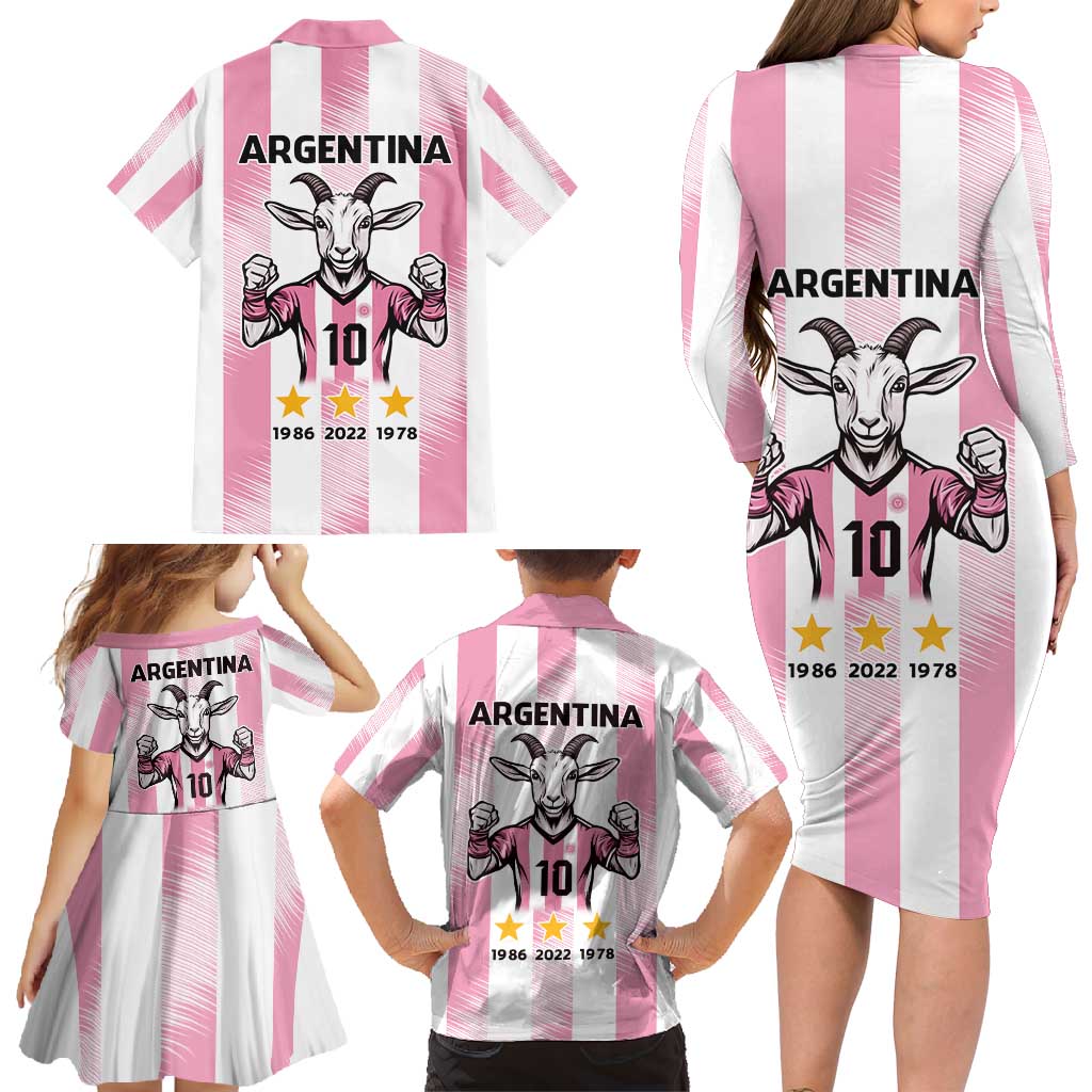 Pink Argentina 10 Goat Family Matching Long Sleeve Bodycon Dress and Hawaiian Shirt History Champions World Cup