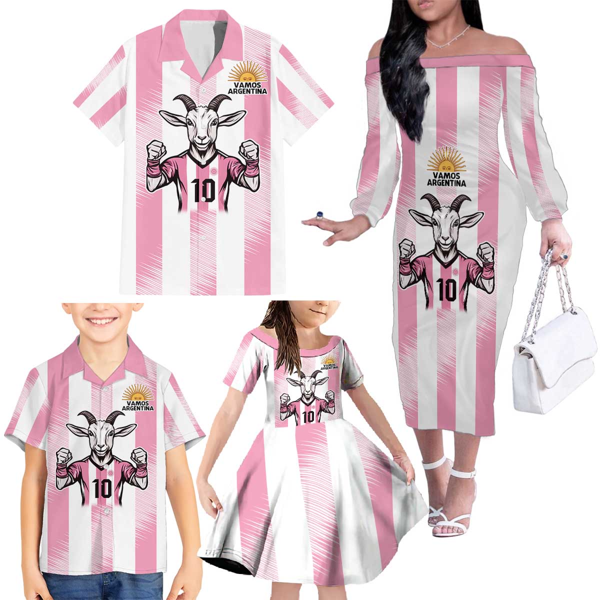 Pink Argentina 10 Goat Family Matching Off The Shoulder Long Sleeve Dress and Hawaiian Shirt History Champions World Cup