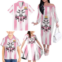 Pink Argentina 10 Goat Family Matching Off The Shoulder Long Sleeve Dress and Hawaiian Shirt History Champions World Cup