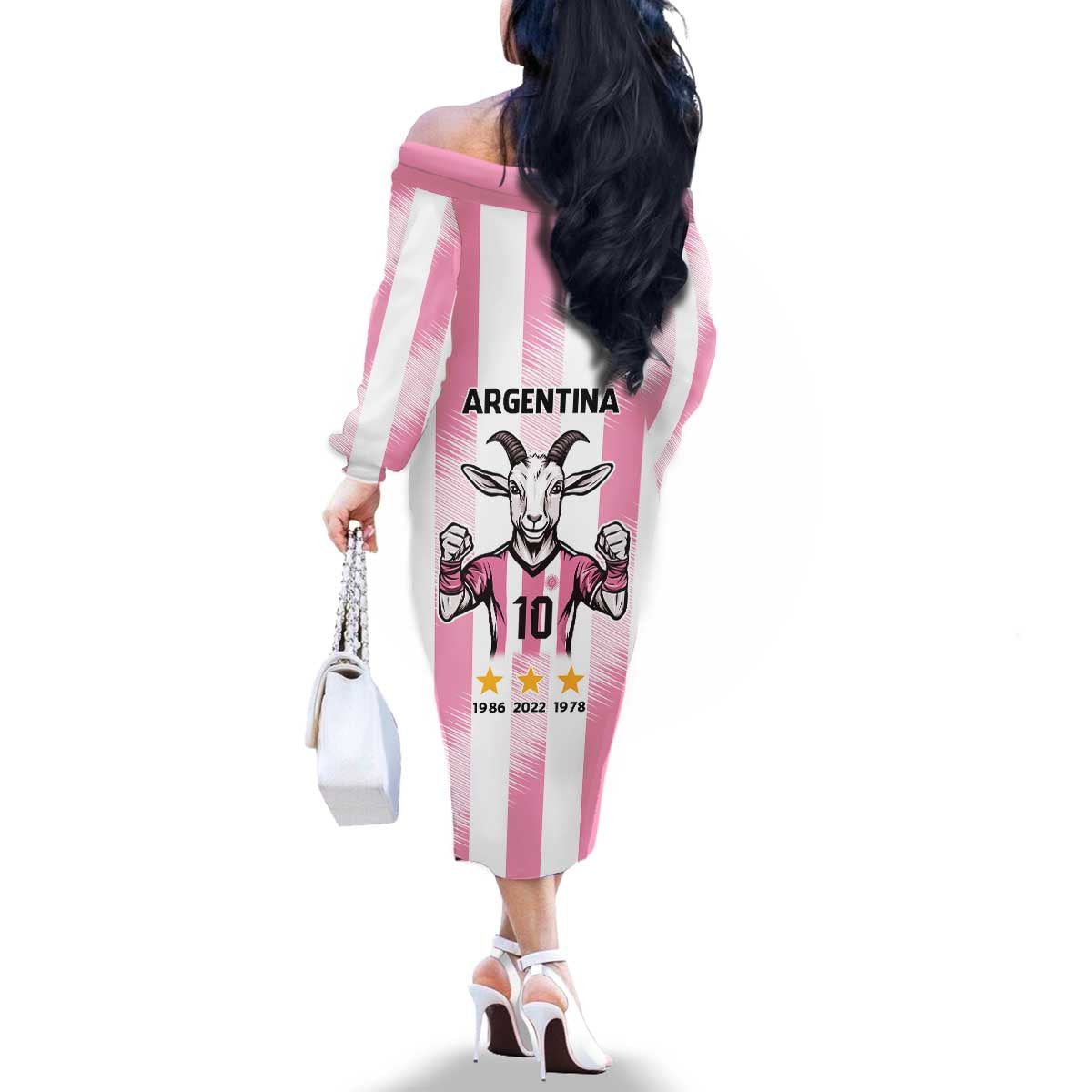 Pink Argentina 10 Goat Family Matching Off The Shoulder Long Sleeve Dress and Hawaiian Shirt History Champions World Cup