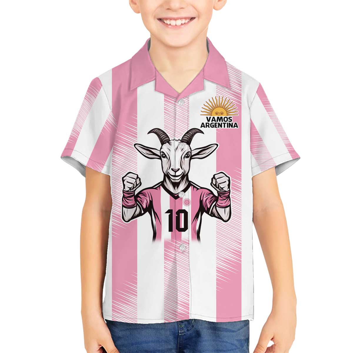 Pink Argentina 10 Goat Family Matching Off The Shoulder Long Sleeve Dress and Hawaiian Shirt History Champions World Cup