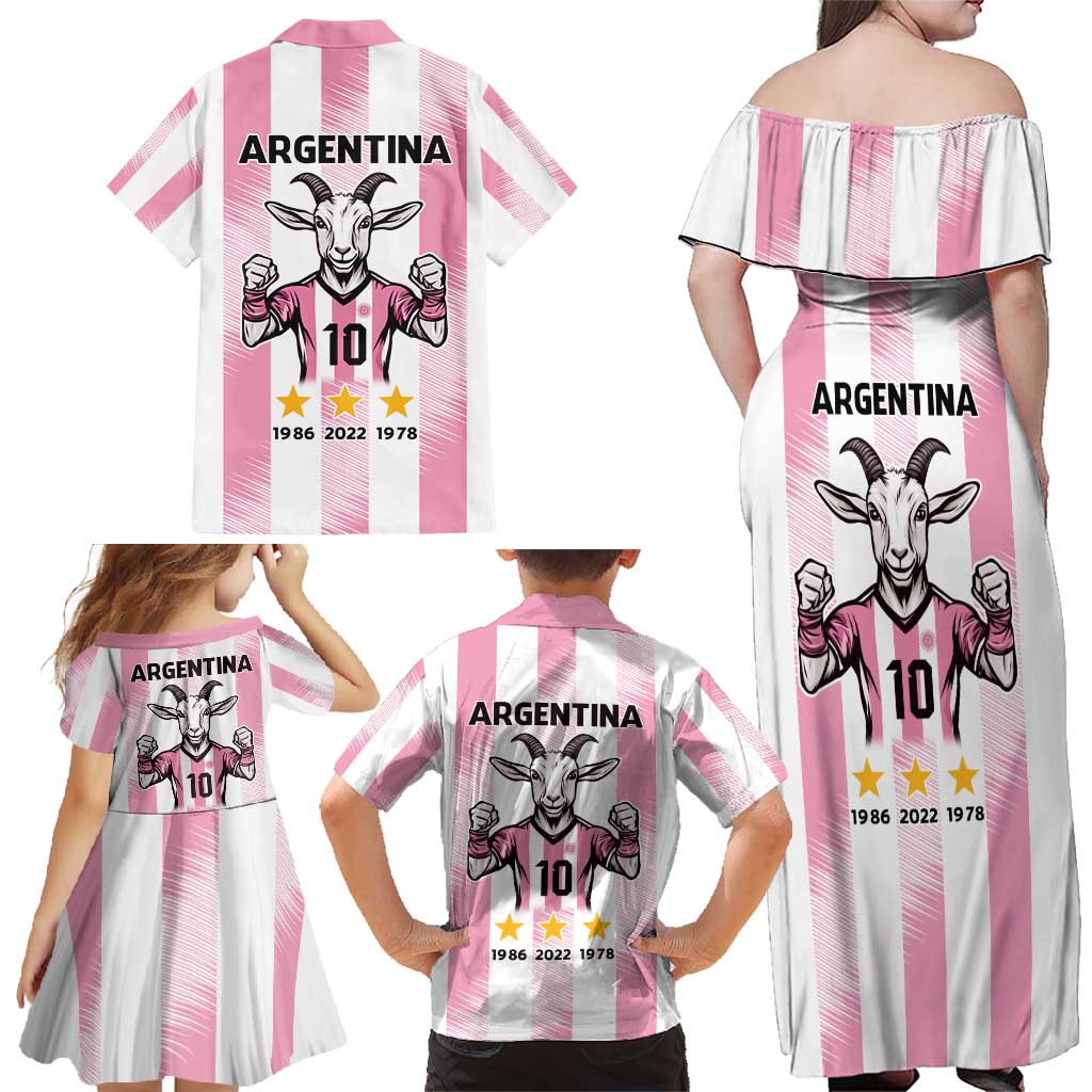 Pink Argentina 10 Goat Family Matching Off Shoulder Maxi Dress and Hawaiian Shirt History Champions World Cup