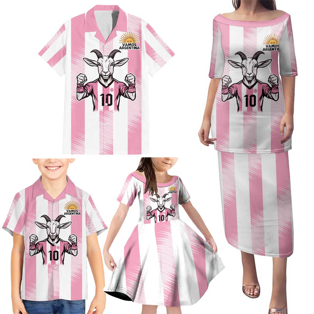 Pink Argentina 10 Goat Family Matching Puletasi and Hawaiian Shirt History Champions World Cup