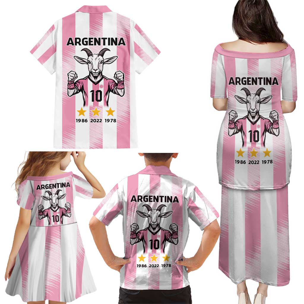 Pink Argentina 10 Goat Family Matching Puletasi and Hawaiian Shirt History Champions World Cup