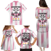 Pink Argentina 10 Goat Family Matching Puletasi and Hawaiian Shirt History Champions World Cup