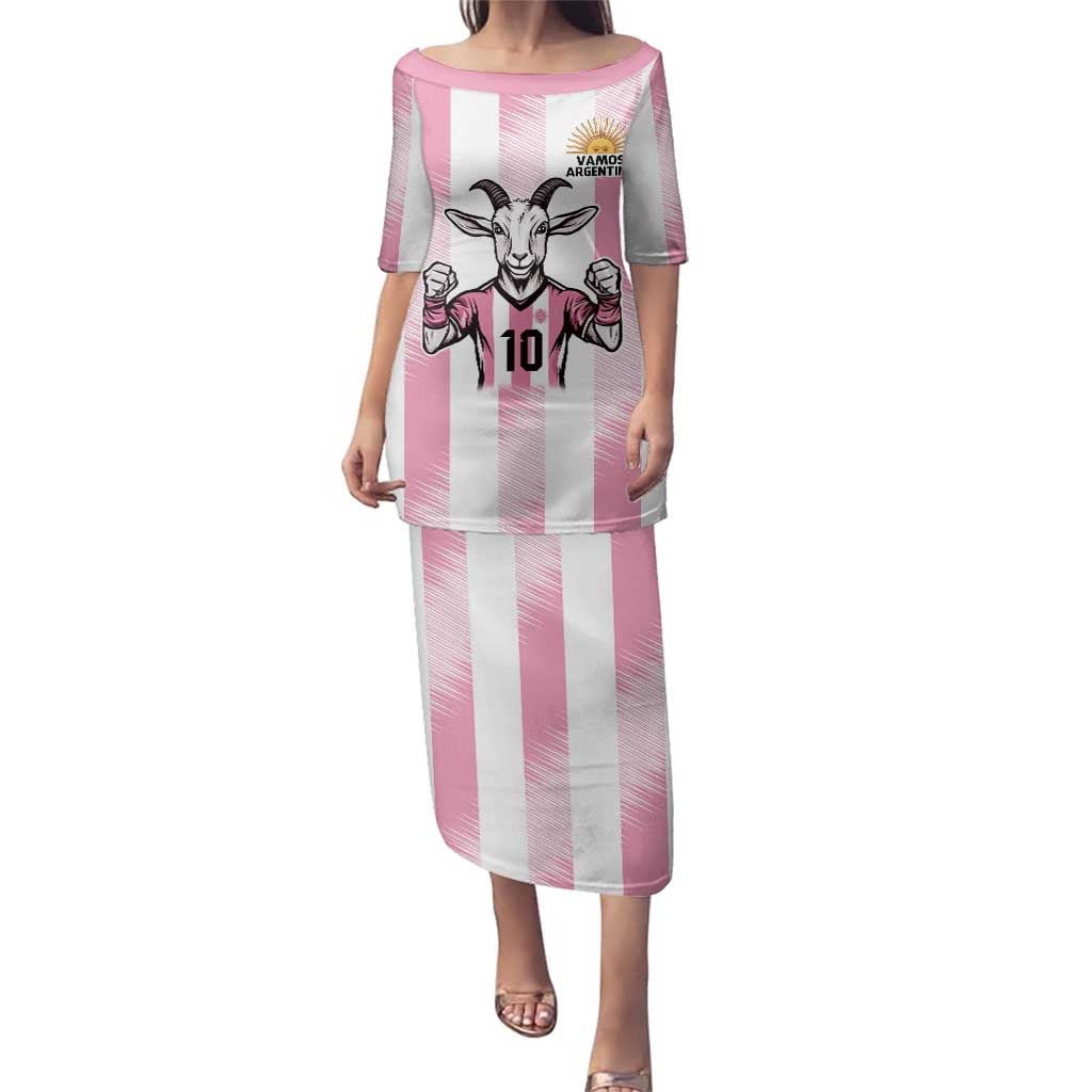 Pink Argentina 10 Goat Family Matching Puletasi and Hawaiian Shirt History Champions World Cup