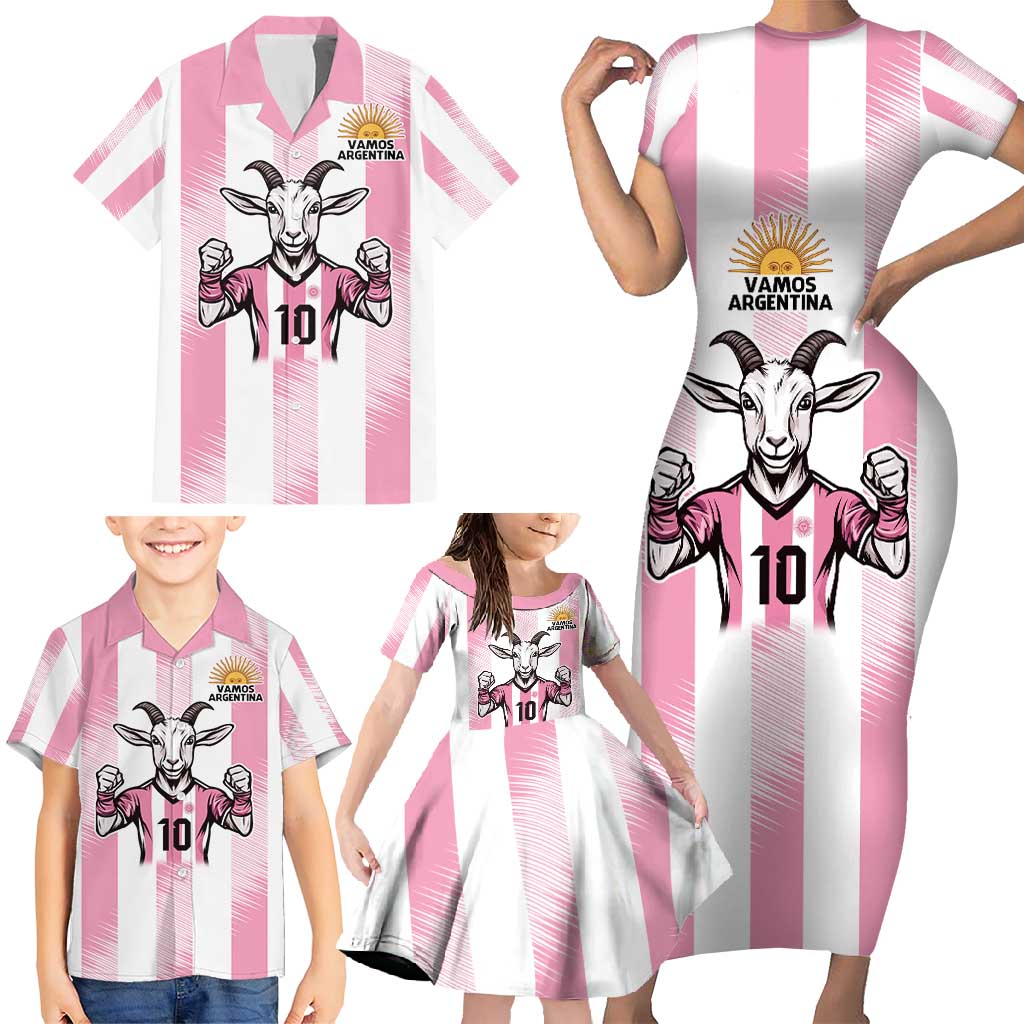 Pink Argentina 10 Goat Family Matching Short Sleeve Bodycon Dress and Hawaiian Shirt History Champions World Cup