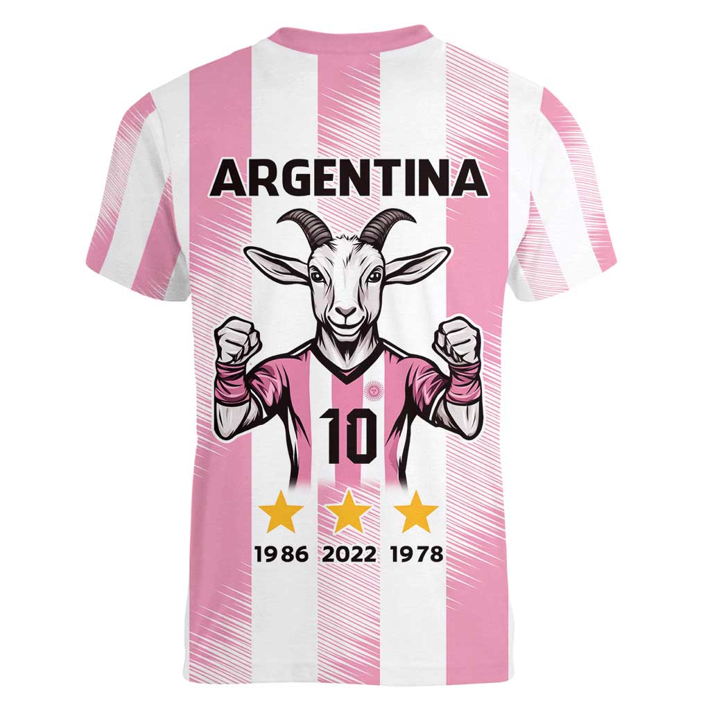 Pink Argentina 10 Goat Women V-Neck T-Shirt History Champions World Cup