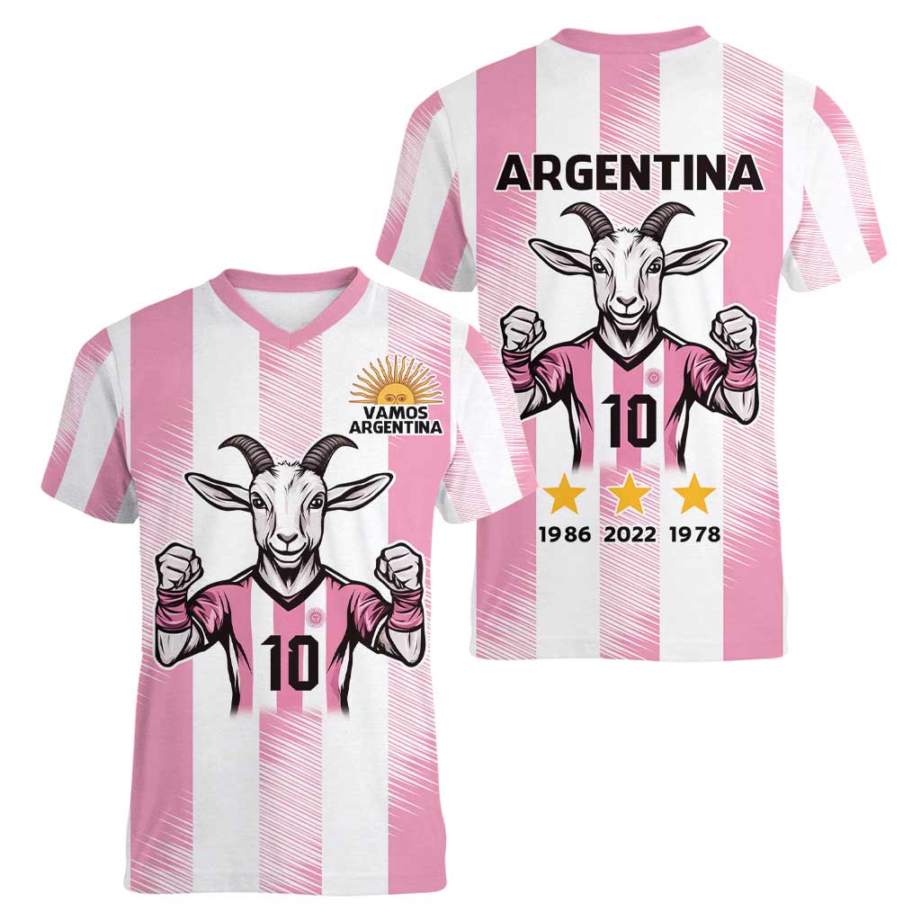 Pink Argentina 10 Goat Women V-Neck T-Shirt History Champions World Cup