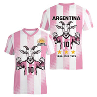 Pink Argentina 10 Goat Women V-Neck T-Shirt History Champions World Cup