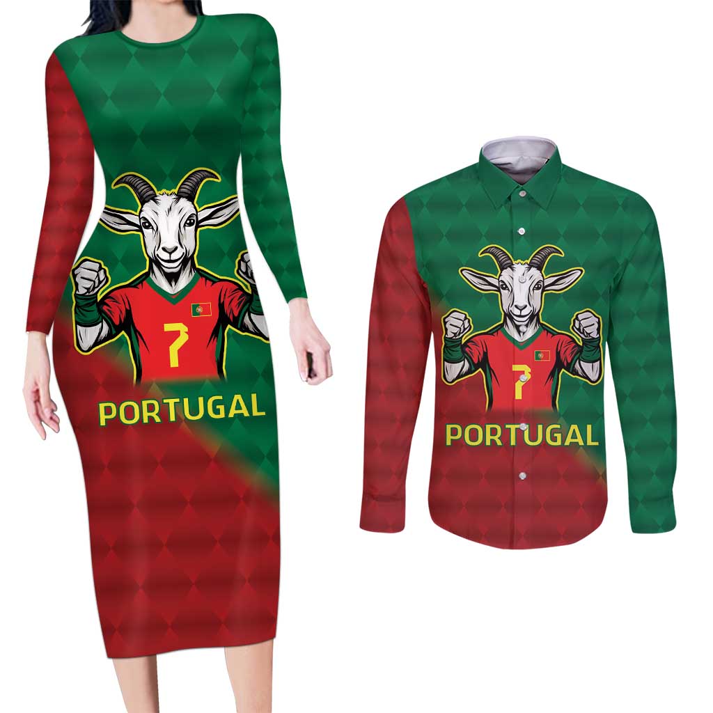 Portugal Seven Goat Flag Colors Couples Matching Long Sleeve Bodycon Dress and Long Sleeve Button Shirt