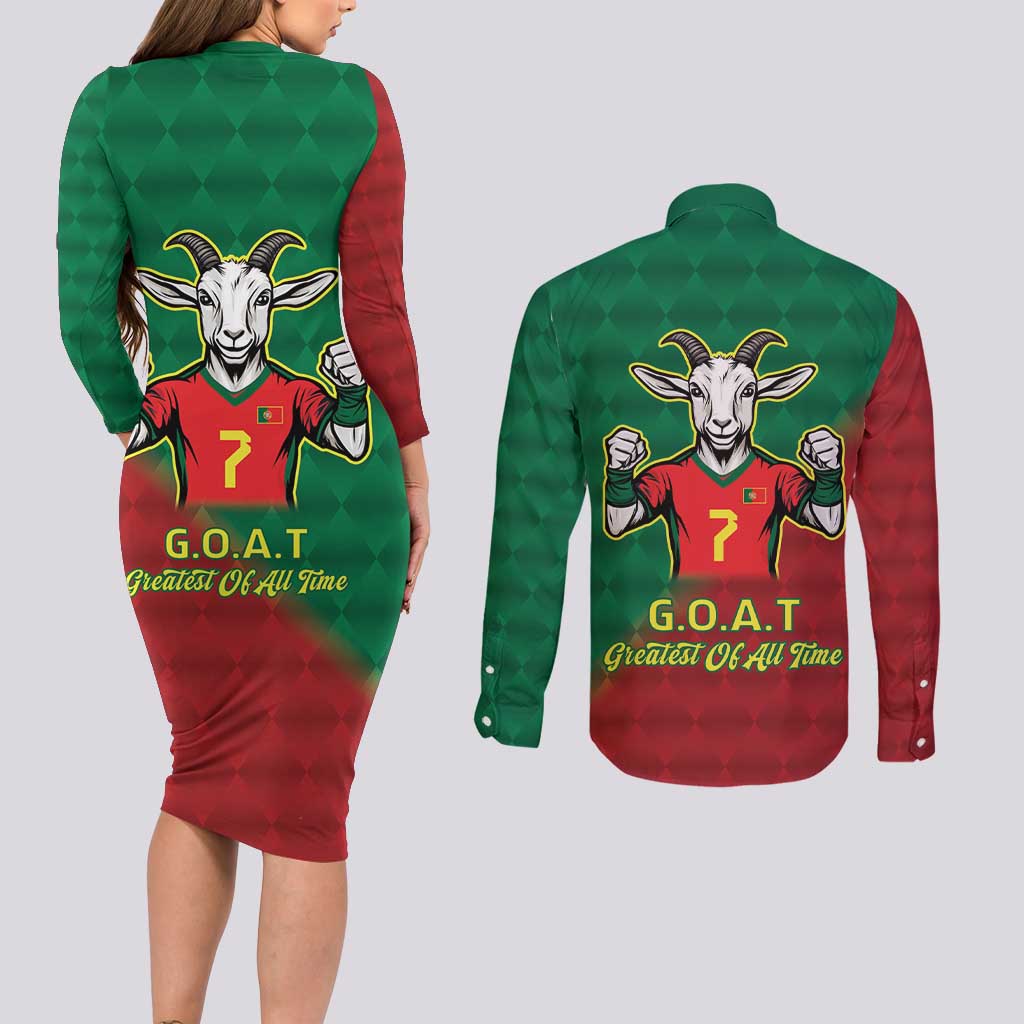 Portugal Seven Goat Flag Colors Couples Matching Long Sleeve Bodycon Dress and Long Sleeve Button Shirt