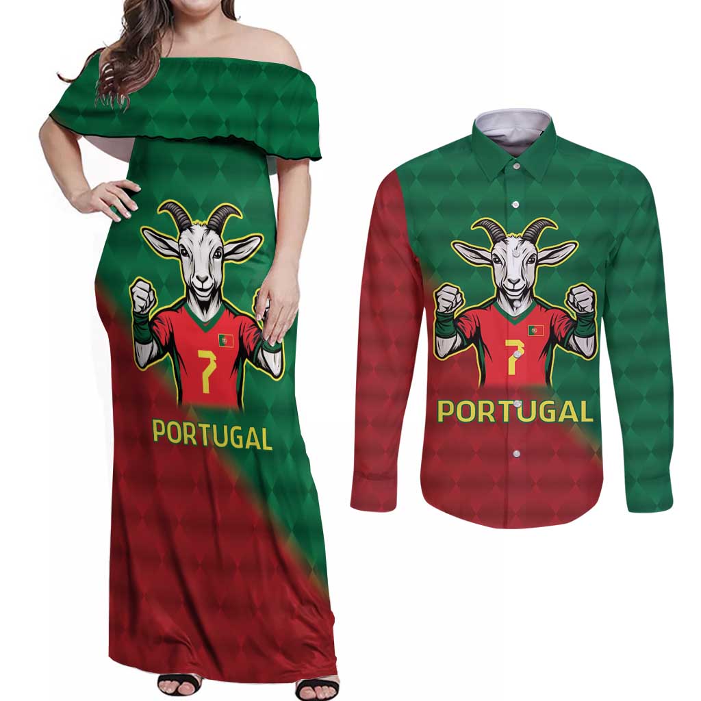Portugal Seven Goat Flag Colors Couples Matching Off Shoulder Maxi Dress and Long Sleeve Button Shirt