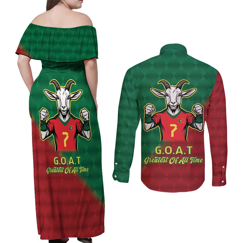 Portugal Seven Goat Flag Colors Couples Matching Off Shoulder Maxi Dress and Long Sleeve Button Shirt