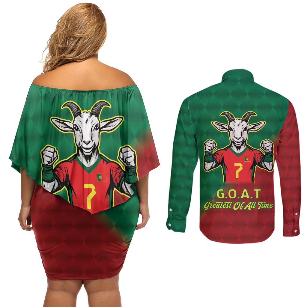 Portugal Seven Goat Flag Colors Couples Matching Off Shoulder Short Dress and Long Sleeve Button Shirt