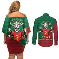 Portugal Seven Goat Flag Colors Couples Matching Off Shoulder Short Dress and Long Sleeve Button Shirt