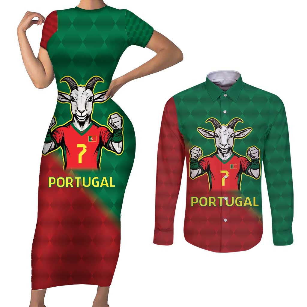 Portugal Seven Goat Flag Colors Couples Matching Short Sleeve Bodycon Dress and Long Sleeve Button Shirt