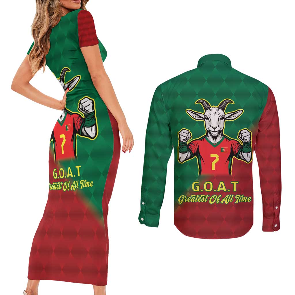 Portugal Seven Goat Flag Colors Couples Matching Short Sleeve Bodycon Dress and Long Sleeve Button Shirt