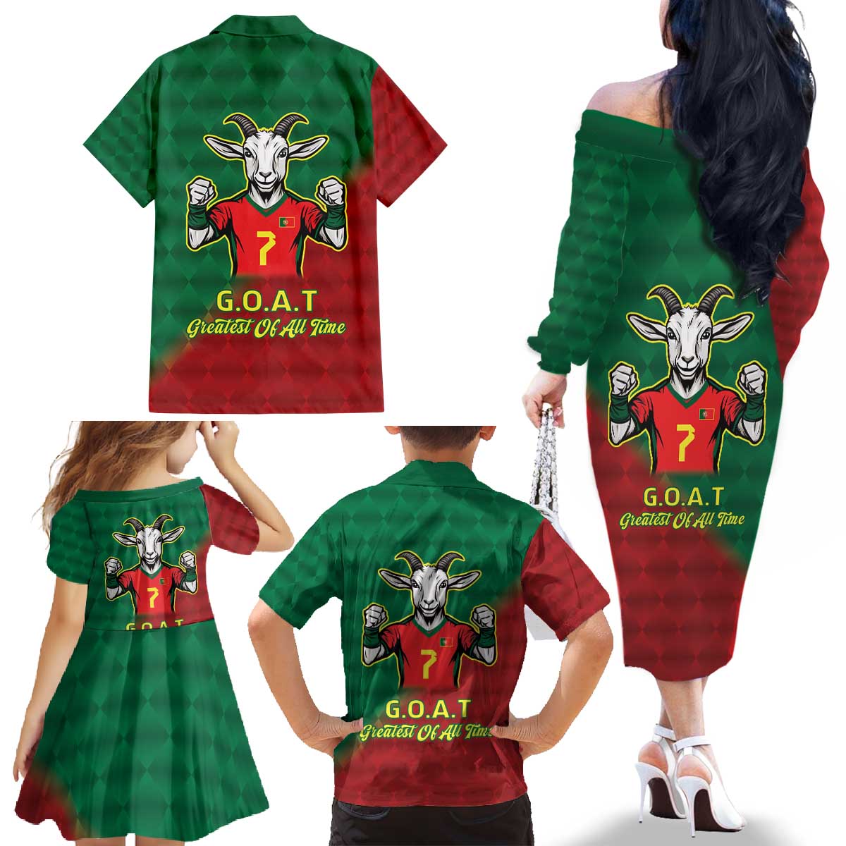 Portugal Seven Goat Flag Colors Family Matching Off The Shoulder Long Sleeve Dress and Hawaiian Shirt