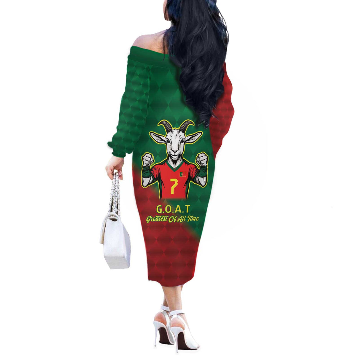 Portugal Seven Goat Flag Colors Off The Shoulder Long Sleeve Dress