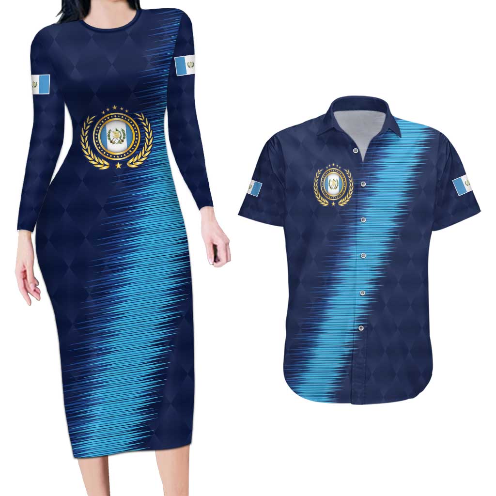 Guatemala Football Custom Couples Matching Long Sleeve Bodycon Dress and Hawaiian Shirt Go Los Chapines Blue Pattern