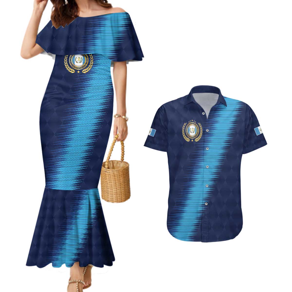 Guatemala Football Custom Couples Matching Mermaid Dress and Hawaiian Shirt Go Los Chapines Blue Pattern