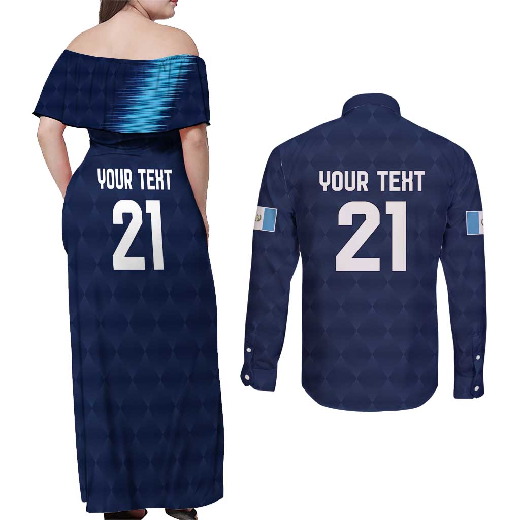 Guatemala Football Custom Couples Matching Off Shoulder Maxi Dress and Long Sleeve Button Shirt Go Los Chapines Blue Pattern