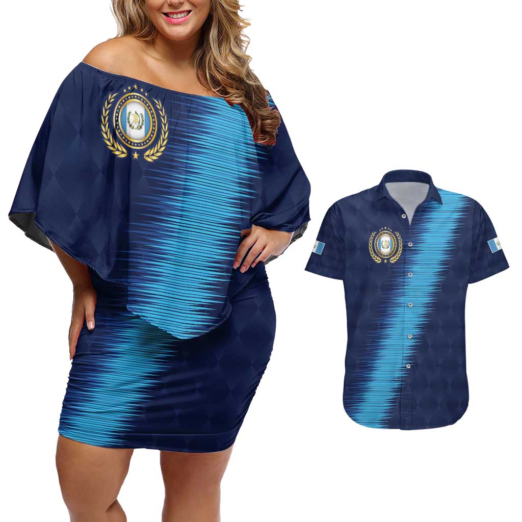 Guatemala Football Custom Couples Matching Off Shoulder Short Dress and Hawaiian Shirt Go Los Chapines Blue Pattern