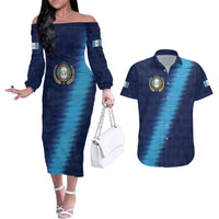 Guatemala Football Custom Couples Matching Off The Shoulder Long Sleeve Dress and Hawaiian Shirt Go Los Chapines Blue Pattern