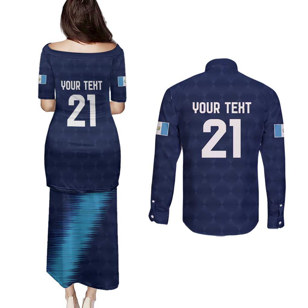 Guatemala Football Custom Couples Matching Puletasi and Long Sleeve Button Shirt Go Los Chapines Blue Pattern