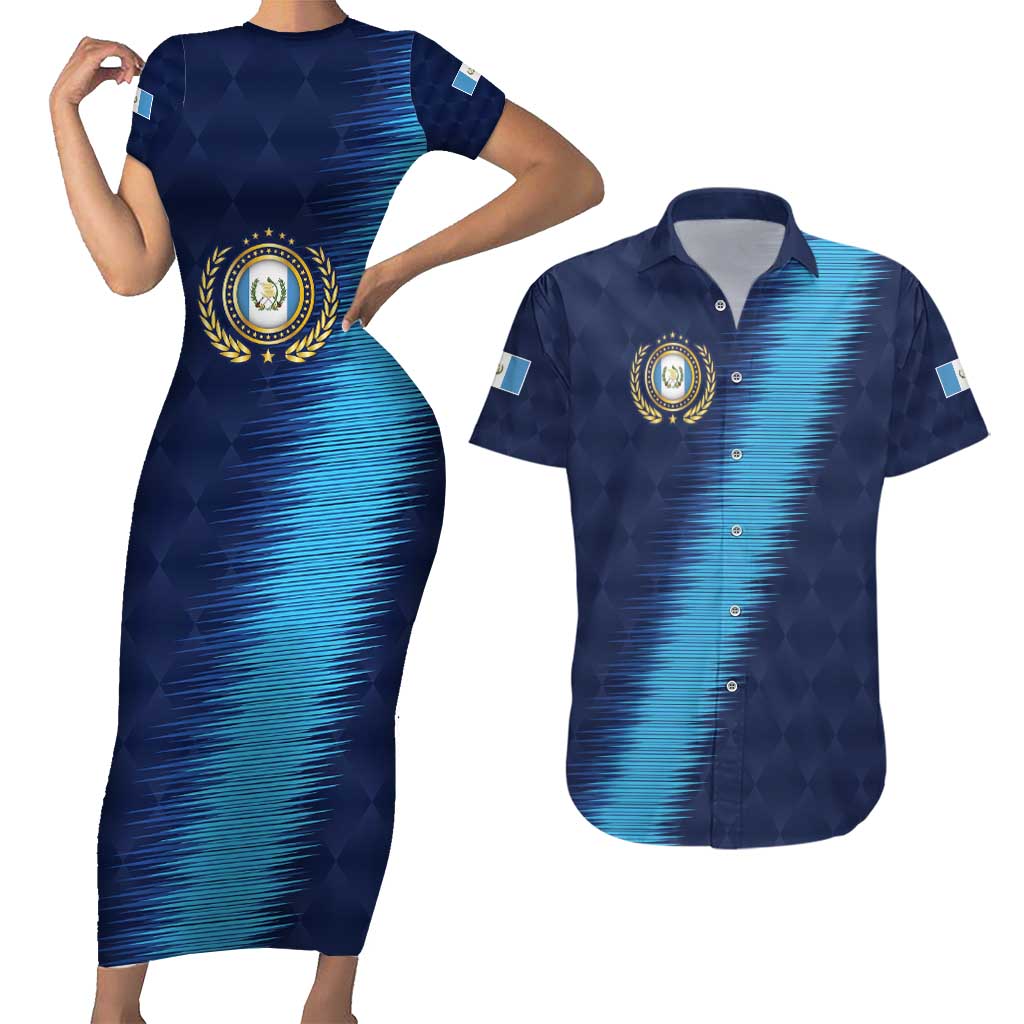 Guatemala Football Custom Couples Matching Short Sleeve Bodycon Dress and Hawaiian Shirt Go Los Chapines Blue Pattern