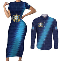 Guatemala Football Custom Couples Matching Short Sleeve Bodycon Dress and Long Sleeve Button Shirt Go Los Chapines Blue Pattern