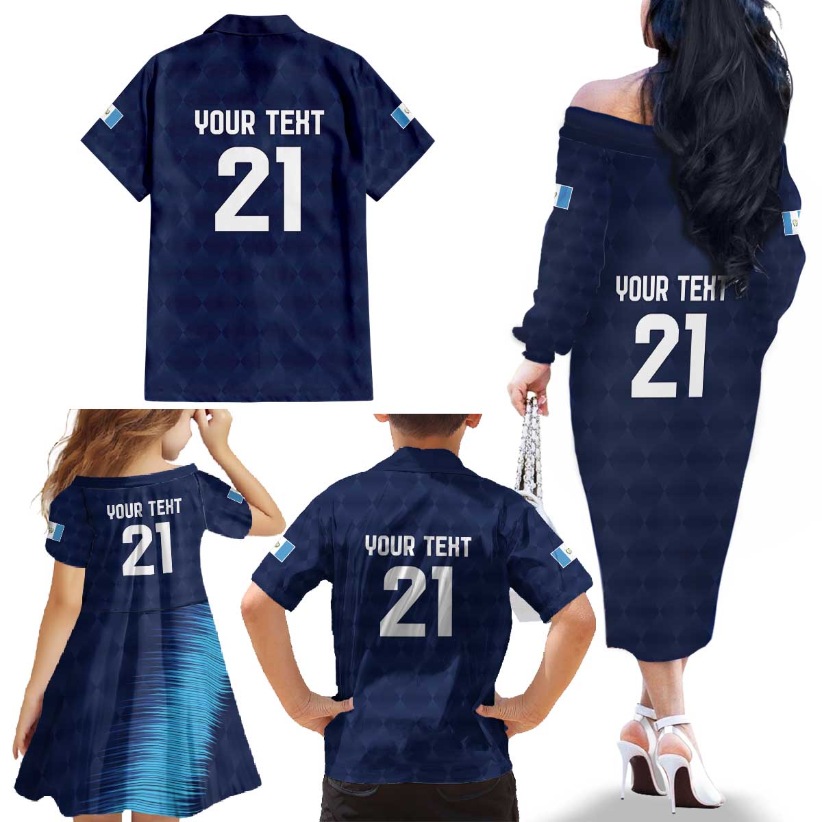 Guatemala Football Custom Family Matching Off The Shoulder Long Sleeve Dress and Hawaiian Shirt Go Los Chapines Blue Pattern