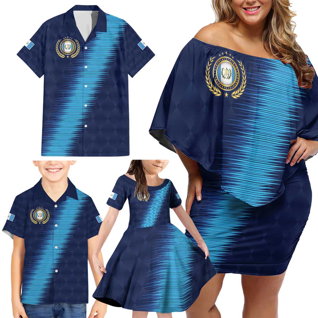 Guatemala Football Custom Family Matching Off Shoulder Short Dress and Hawaiian Shirt Go Los Chapines Blue Pattern