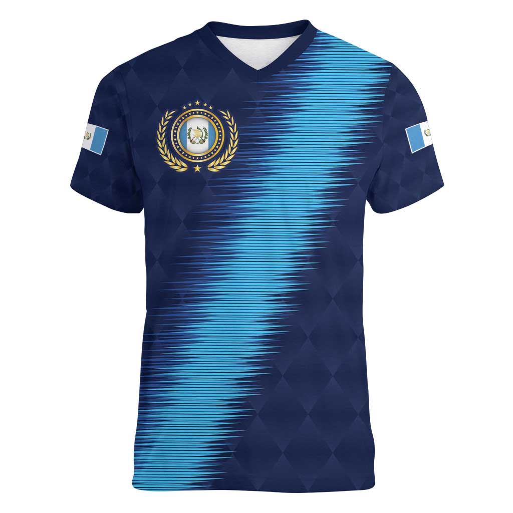 Guatemala Football Custom Women V-Neck T-Shirt Go Los Chapines Blue Pattern