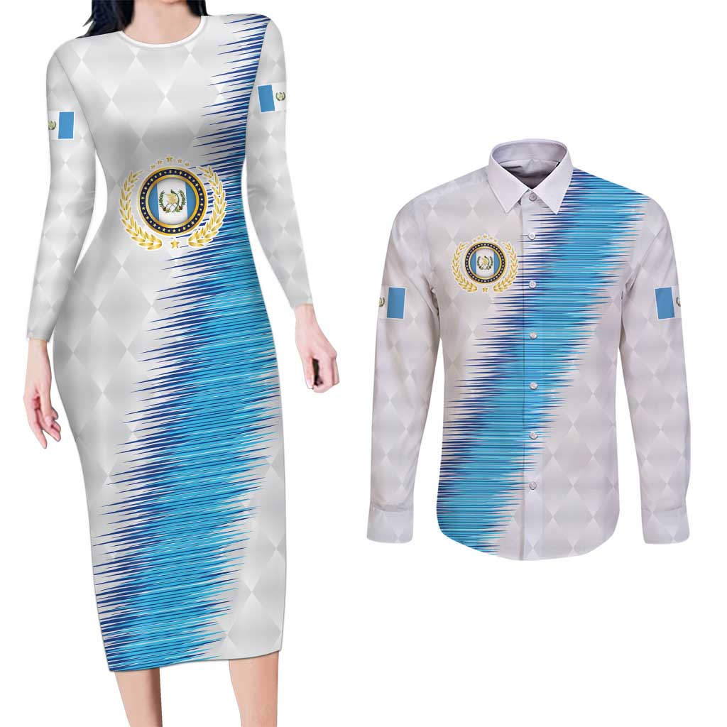 Guatemala Football Custom Couples Matching Long Sleeve Bodycon Dress and Long Sleeve Button Shirt Go Los Chapines White Pattern