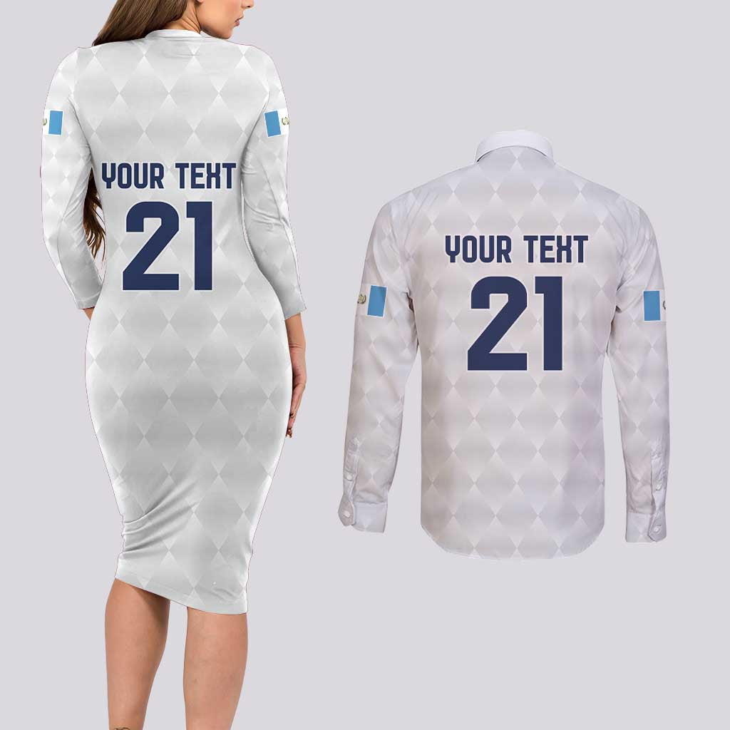 Guatemala Football Custom Couples Matching Long Sleeve Bodycon Dress and Long Sleeve Button Shirt Go Los Chapines White Pattern