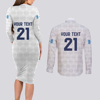 Guatemala Football Custom Couples Matching Long Sleeve Bodycon Dress and Long Sleeve Button Shirt Go Los Chapines White Pattern