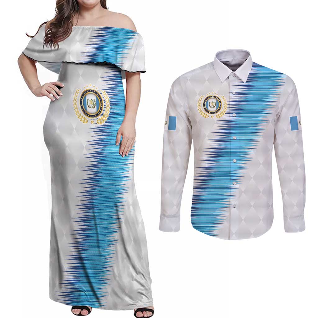 Guatemala Football Custom Couples Matching Off Shoulder Maxi Dress and Long Sleeve Button Shirt Go Los Chapines White Pattern