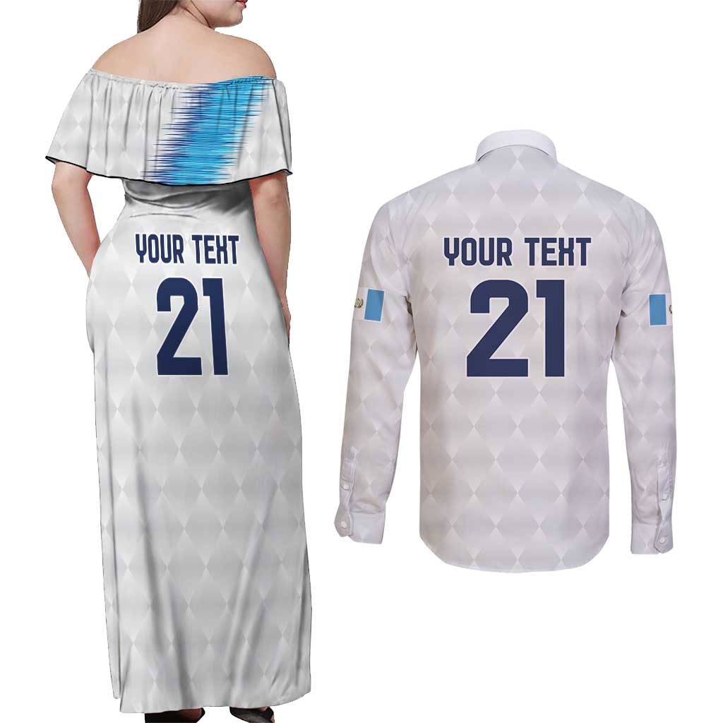 Guatemala Football Custom Couples Matching Off Shoulder Maxi Dress and Long Sleeve Button Shirt Go Los Chapines White Pattern