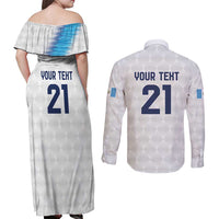 Guatemala Football Custom Couples Matching Off Shoulder Maxi Dress and Long Sleeve Button Shirt Go Los Chapines White Pattern