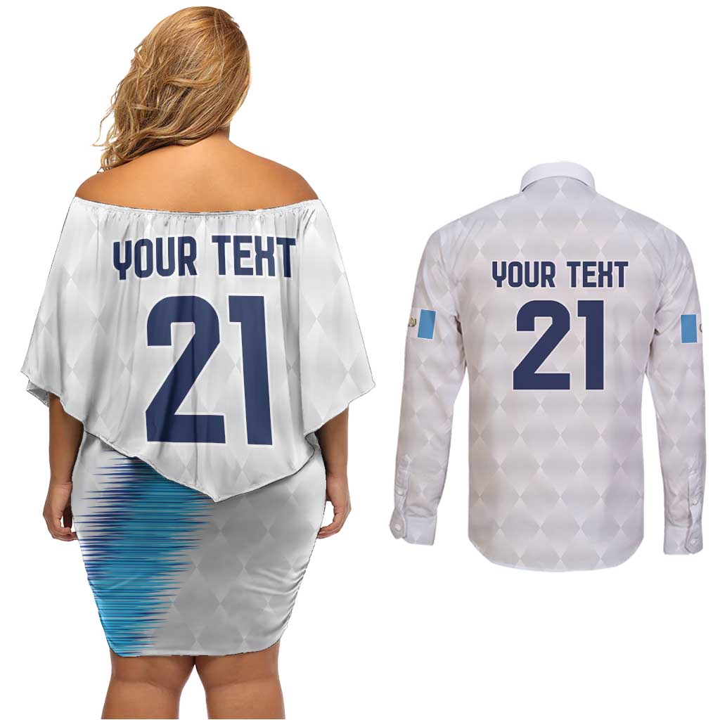 Guatemala Football Custom Couples Matching Off Shoulder Short Dress and Long Sleeve Button Shirt Go Los Chapines White Pattern