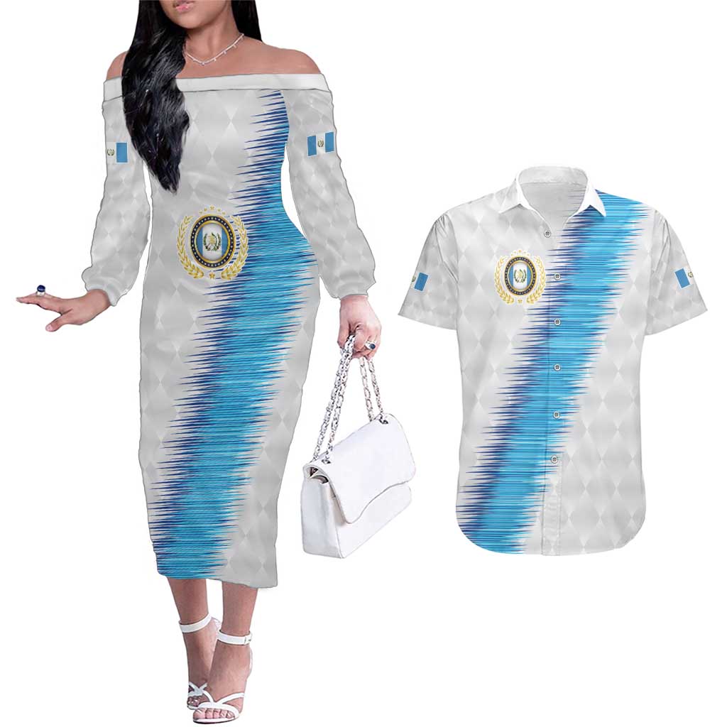 Guatemala Football Custom Couples Matching Off The Shoulder Long Sleeve Dress and Hawaiian Shirt Go Los Chapines White Pattern