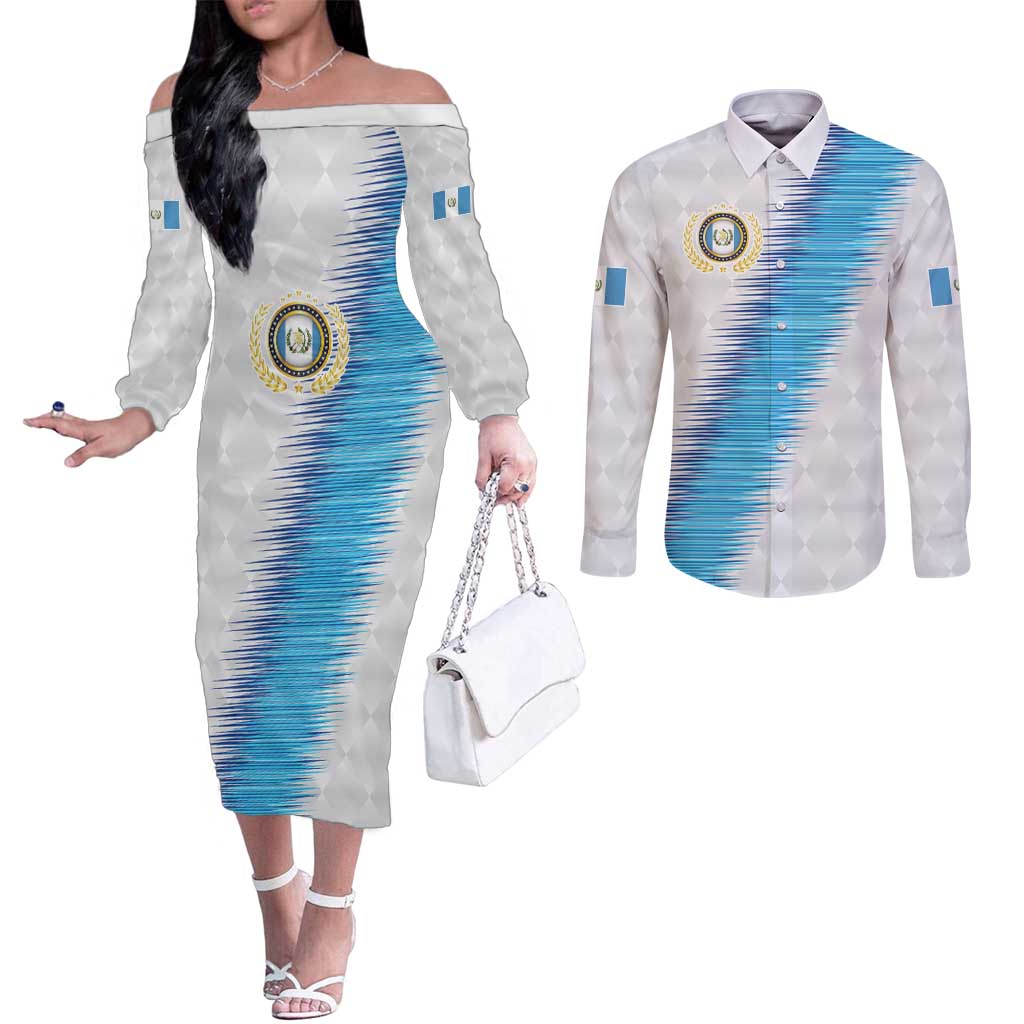 Guatemala Football Custom Couples Matching Off The Shoulder Long Sleeve Dress and Long Sleeve Button Shirt Go Los Chapines White Pattern