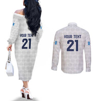 Guatemala Football Custom Couples Matching Off The Shoulder Long Sleeve Dress and Long Sleeve Button Shirt Go Los Chapines White Pattern