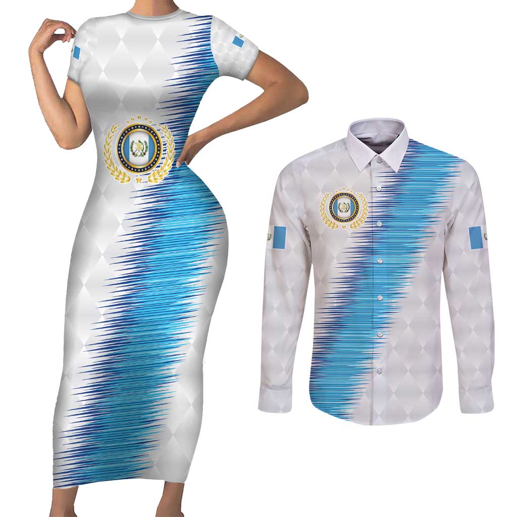 Guatemala Football Custom Couples Matching Short Sleeve Bodycon Dress and Long Sleeve Button Shirt Go Los Chapines White Pattern